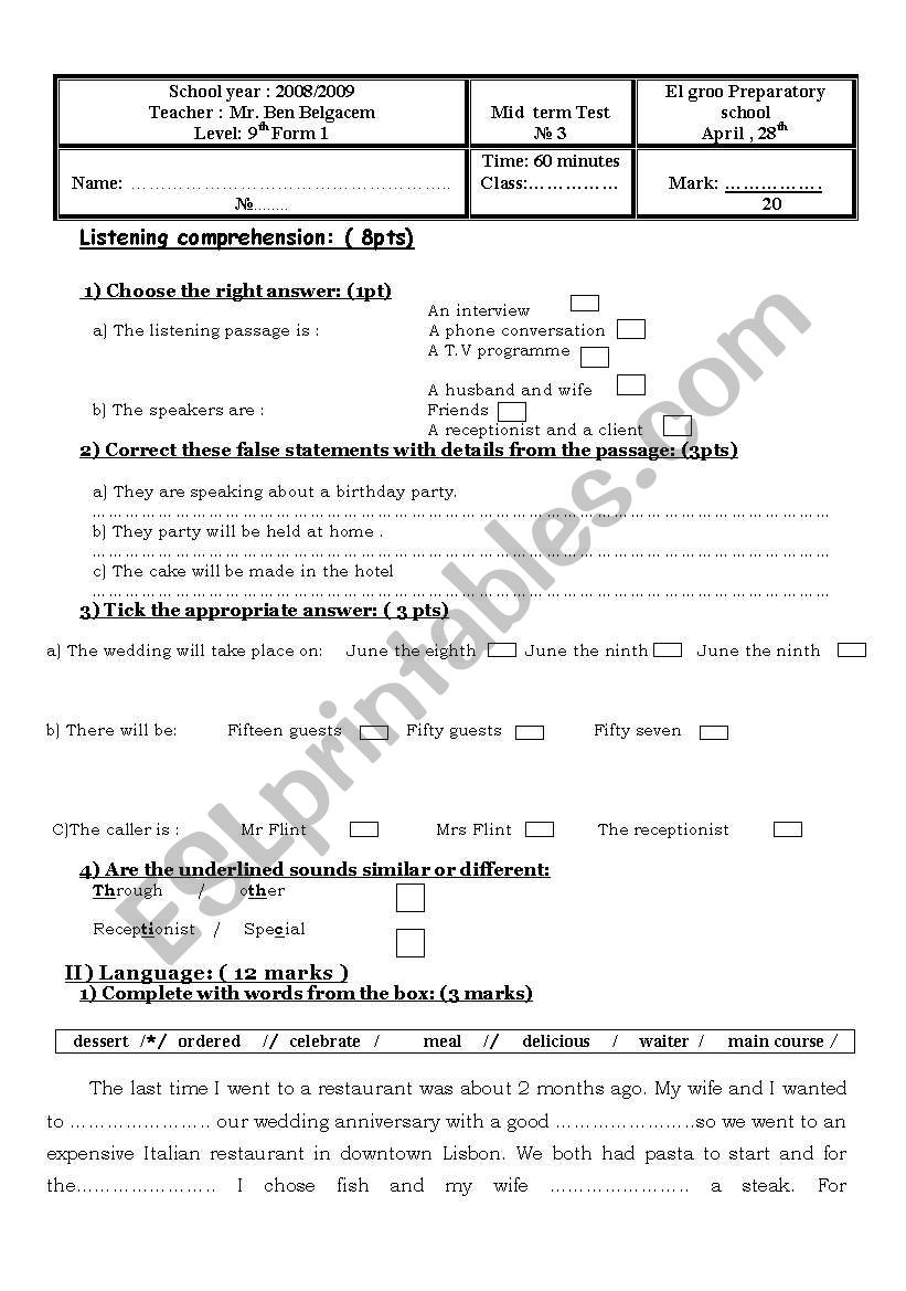 9 th form test  worksheet