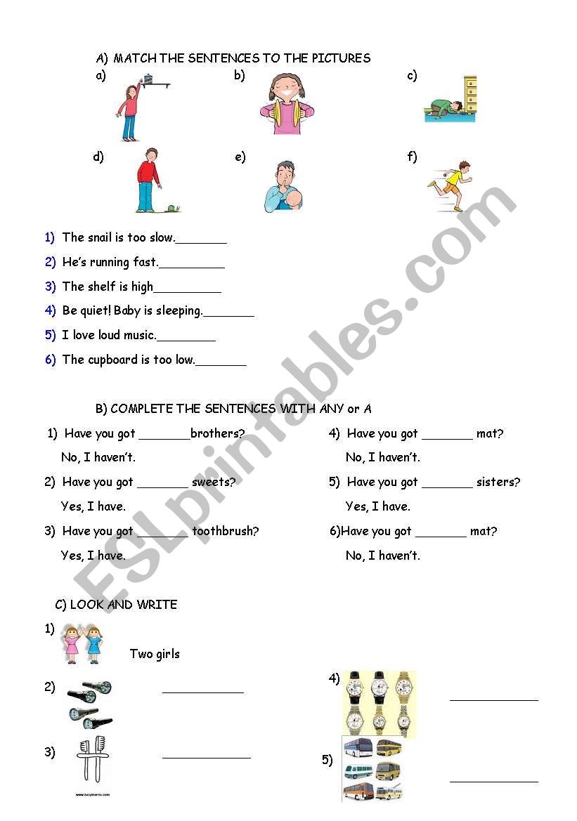 ADJECTIVES, ANY or A, PLURALS worksheet