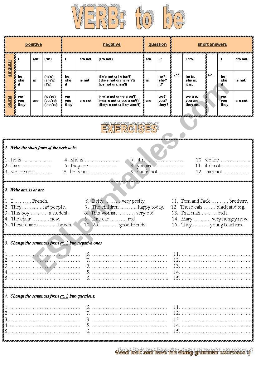 verb:  to be worksheet