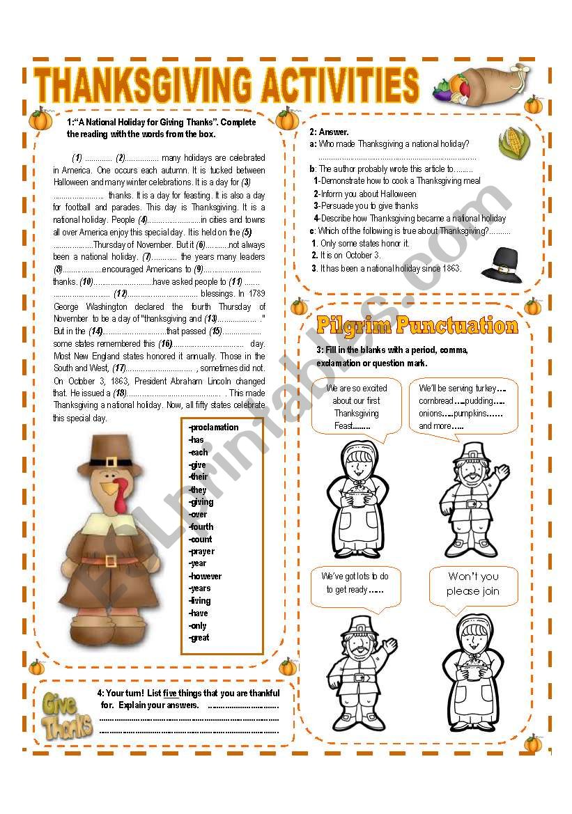 NOVEMBER THEME:THANKSGIVING - ACTIVITIES WITH KEY - (3/3) - INTERMEDIATE