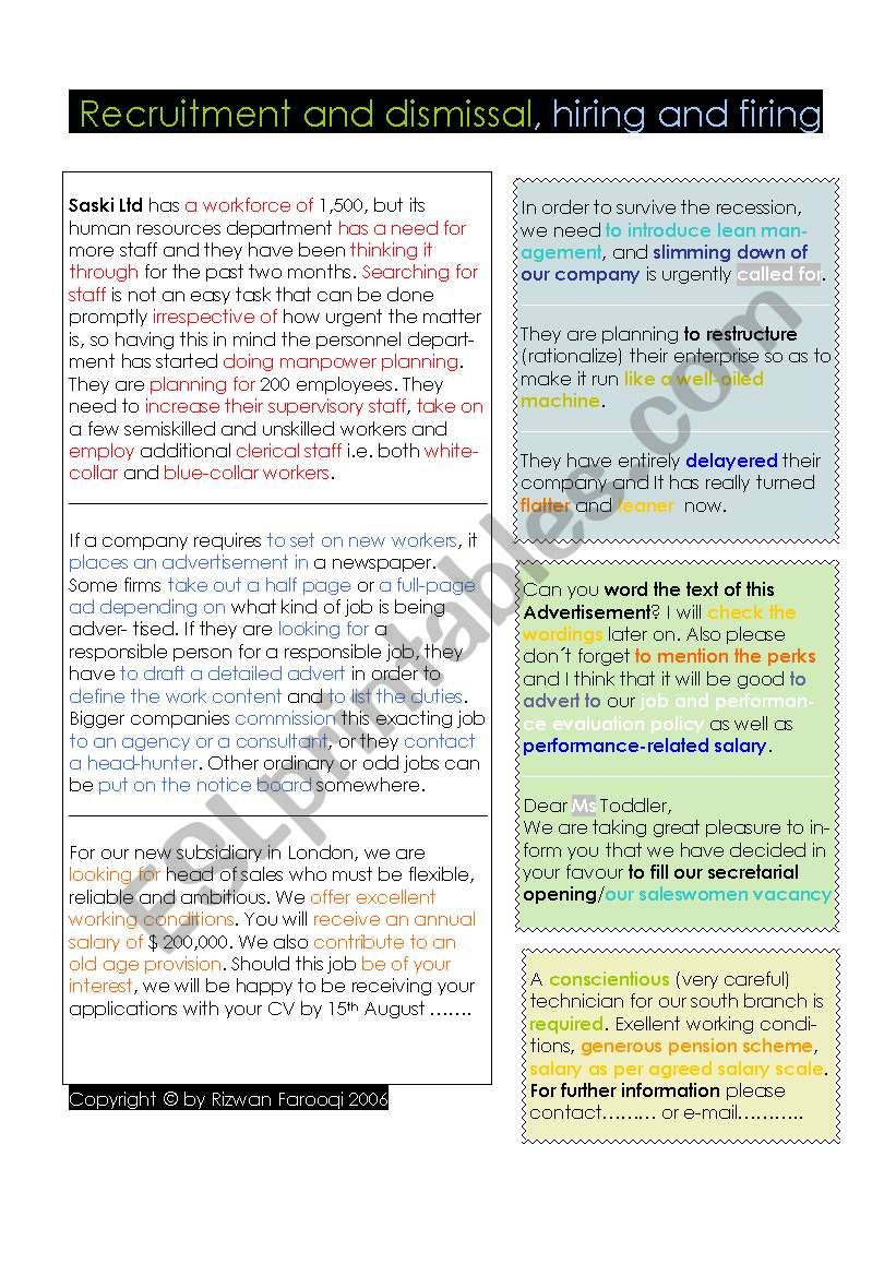 HIRING AND FIRING; RECRUITMENT AND DISMISSAL; ADVERTISEMENT, VOCABULRY IN CONTEXT WITH COLOURS