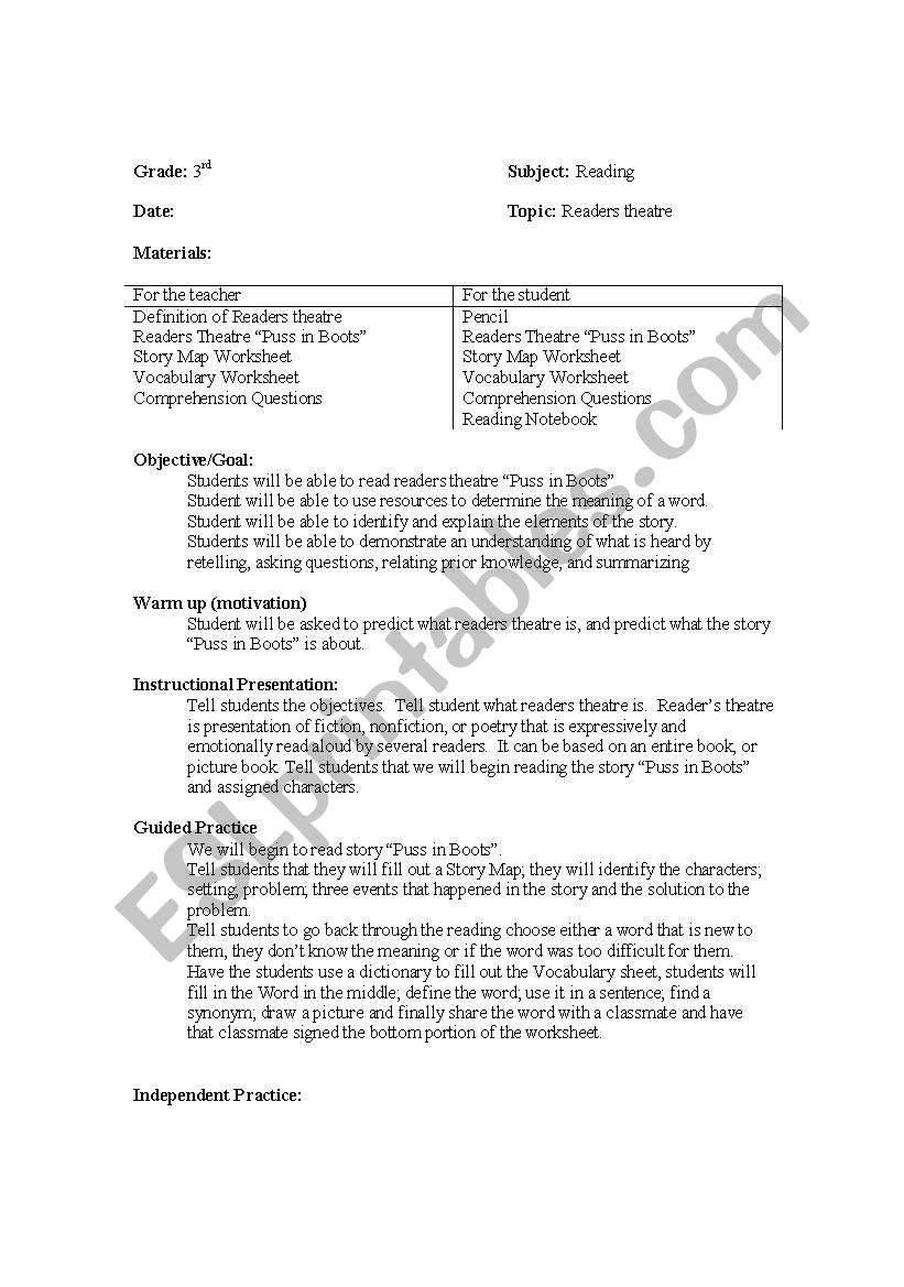readers theatre lesson worksheet