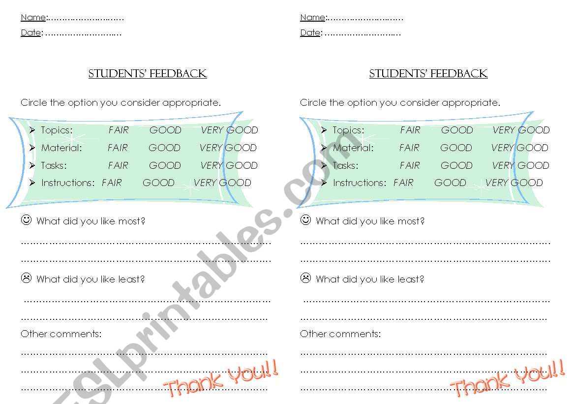 Students Feedback worksheet