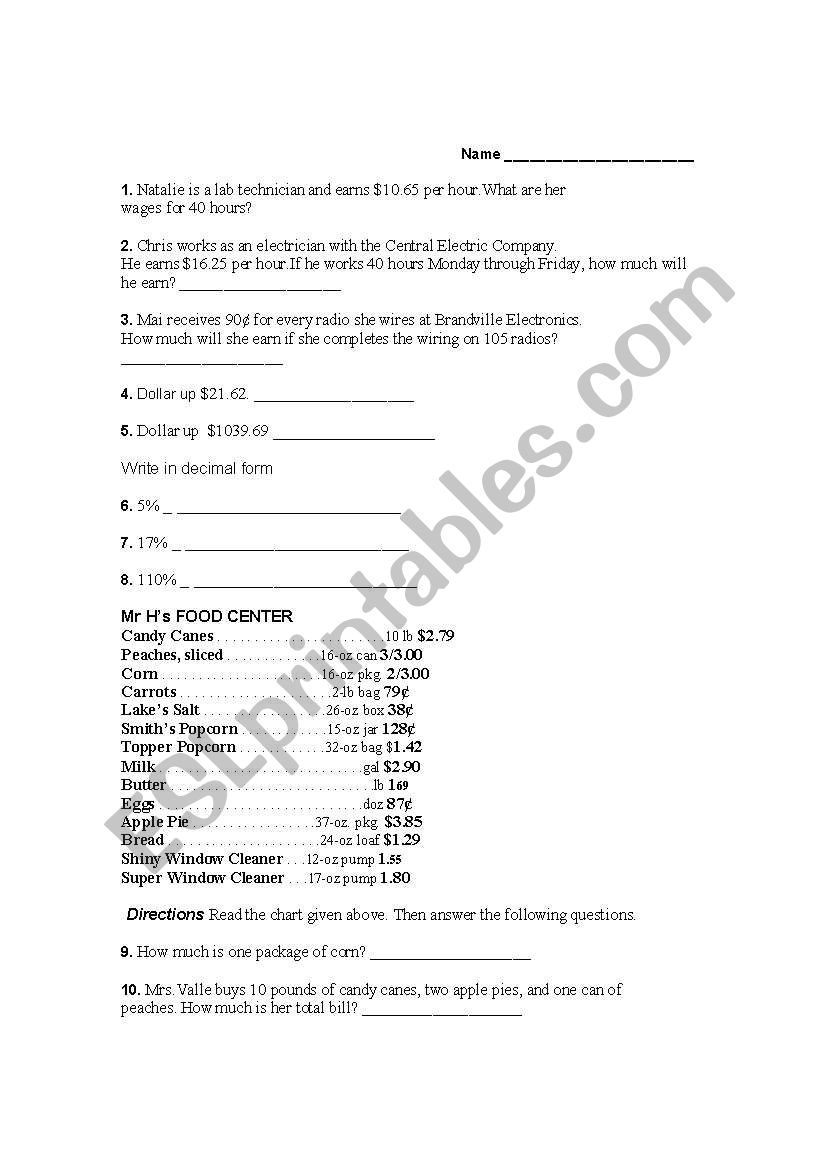 Consumer Math Problems worksheet