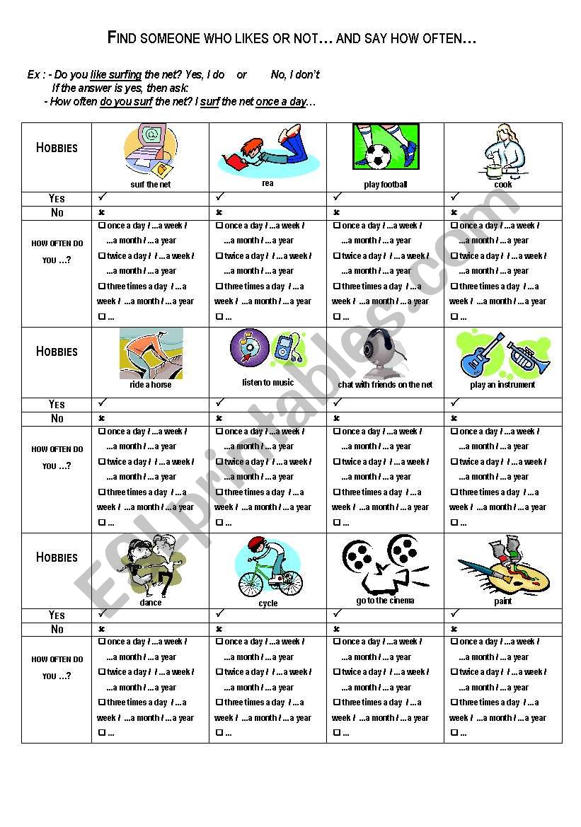 Hobbies and Frequency worksheet