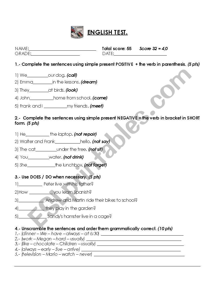 english test simple present worksheet