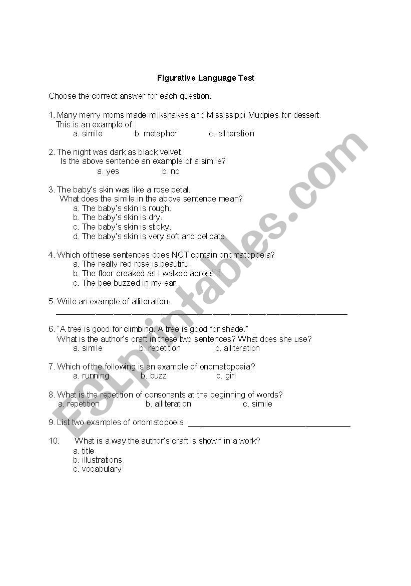 Figurative Language Test worksheet