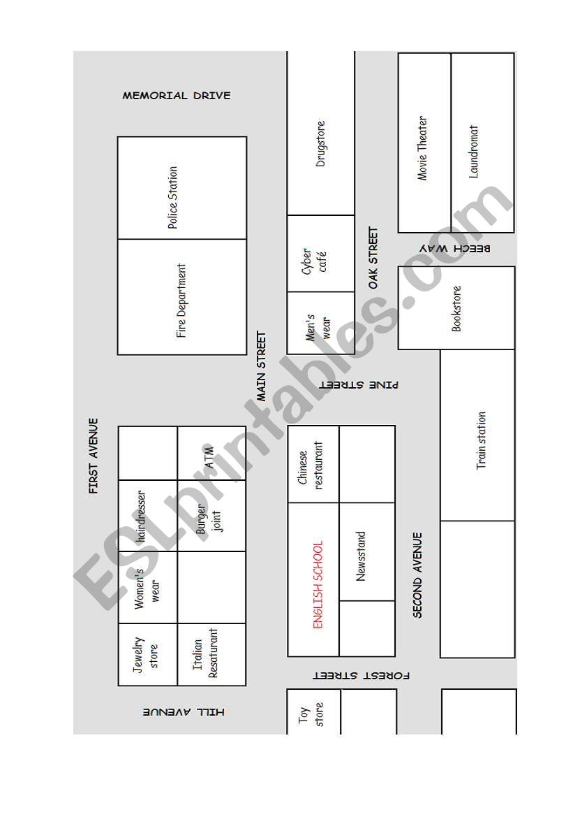 Places in town and prepositions! (with answers)