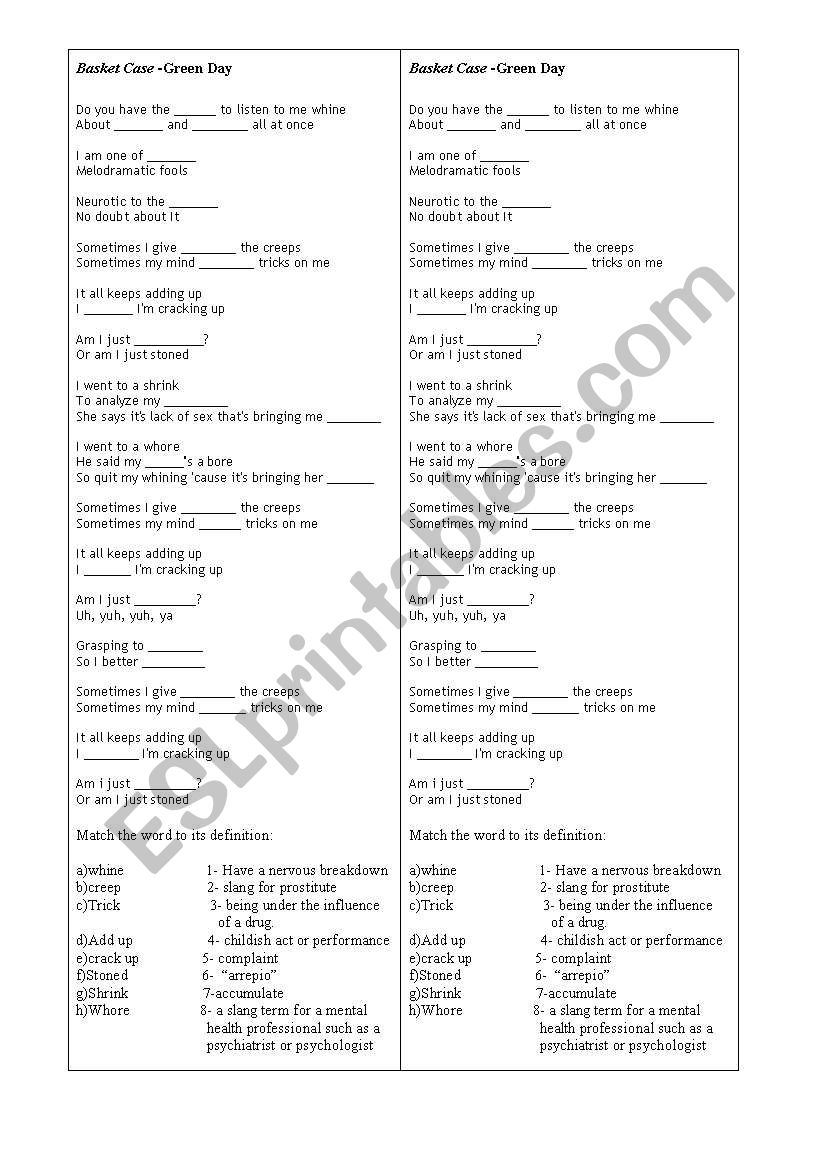 Basket case - green day worksheet