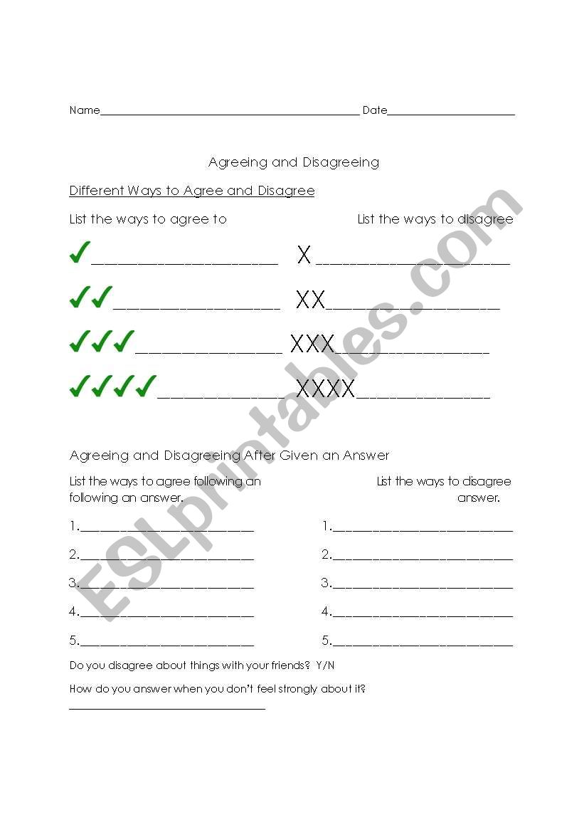Agreeing and Disagreeing worksheet