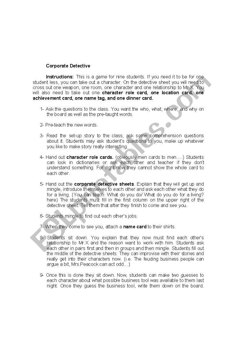 Corporate Detective Game worksheet