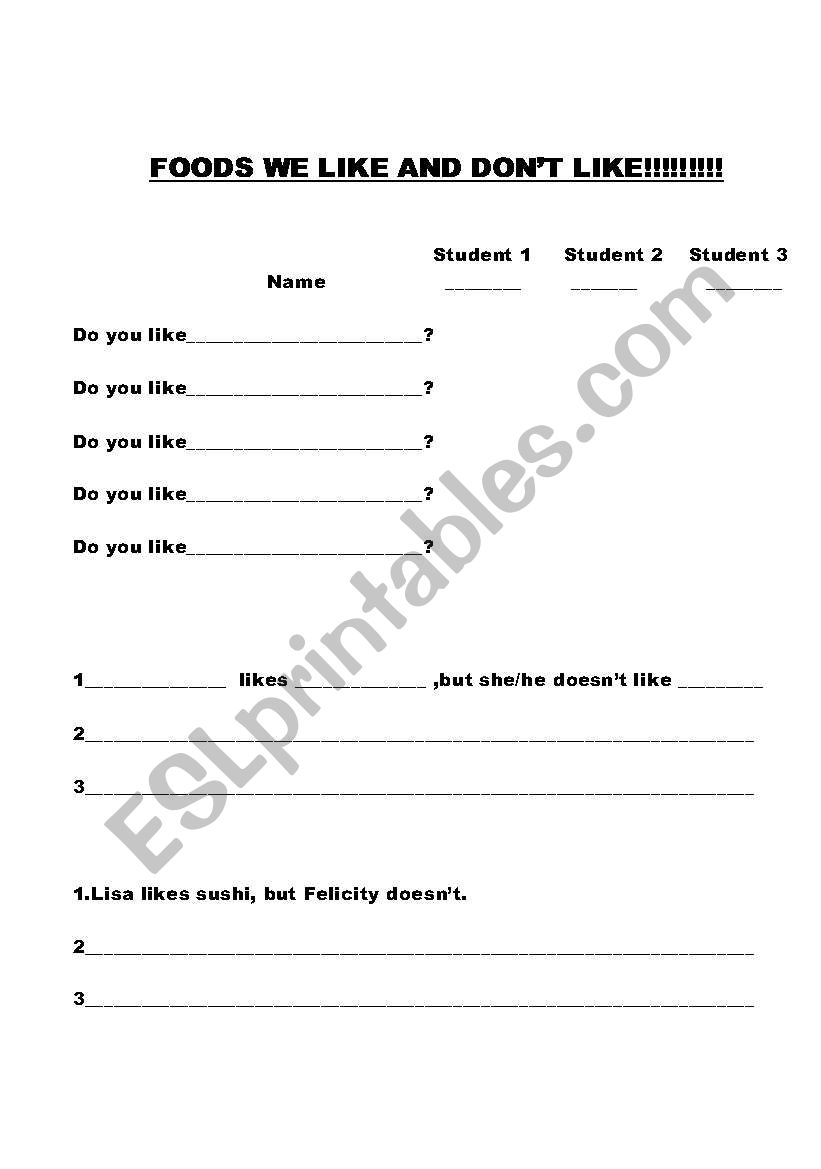Foods we like and don´t like worksheet