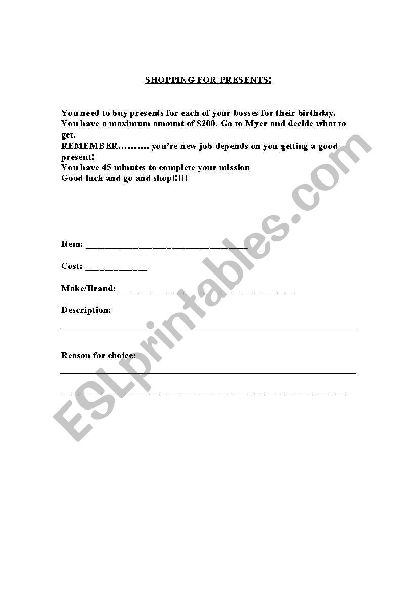 Money-Shopping worksheet