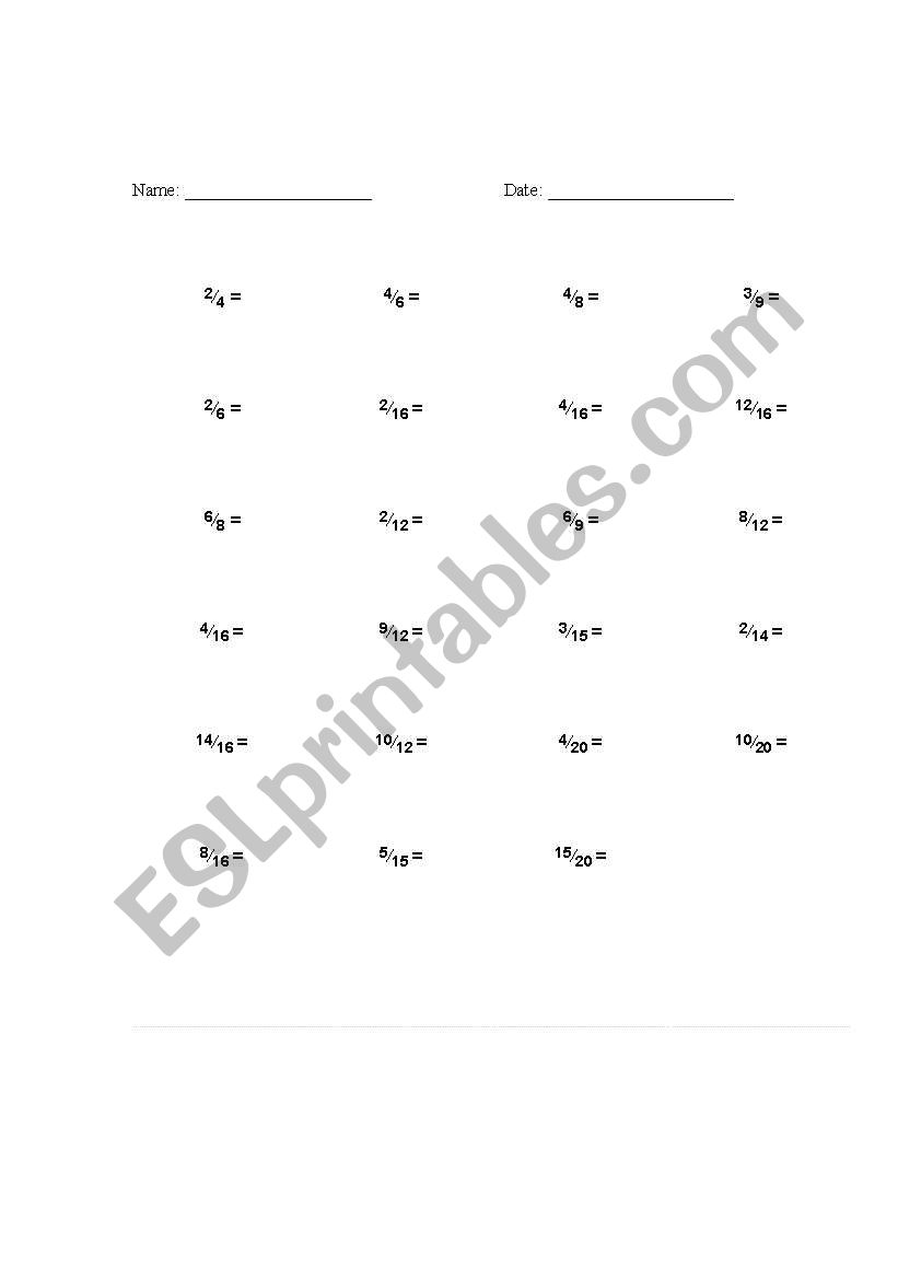 Reducing Fractions worksheet