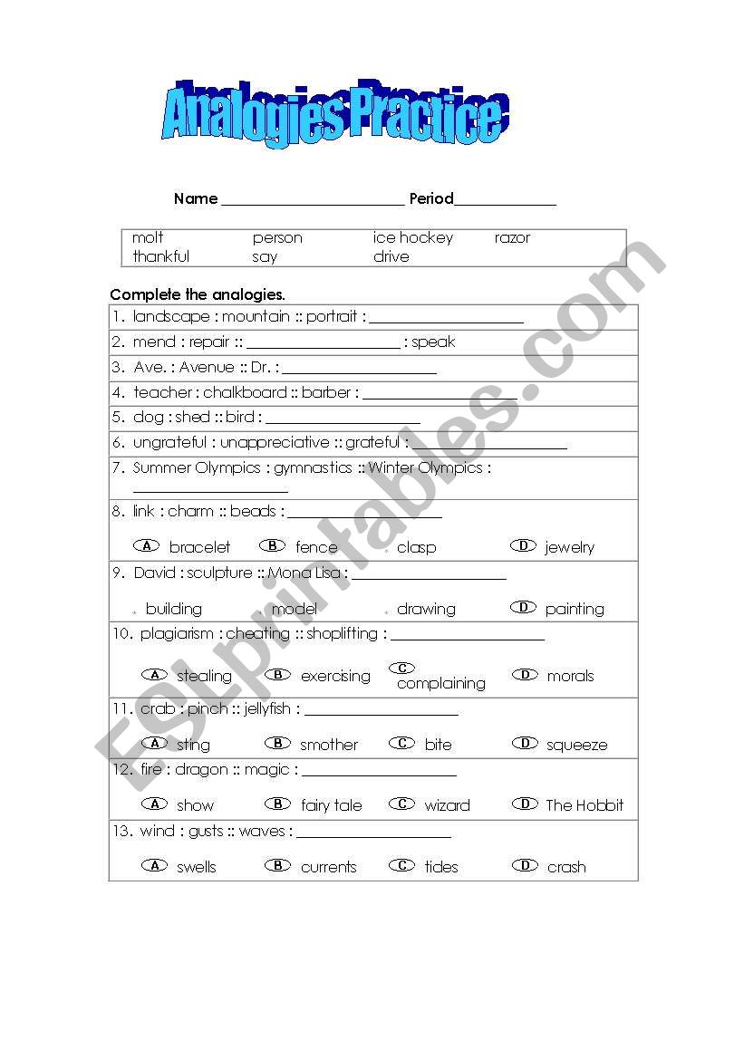 Analogies Practice worksheet