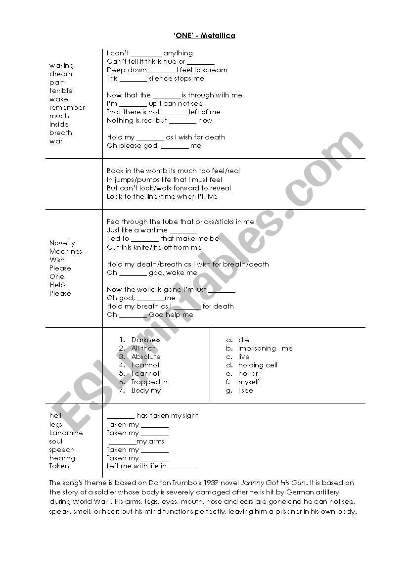 One - Metallica worksheet