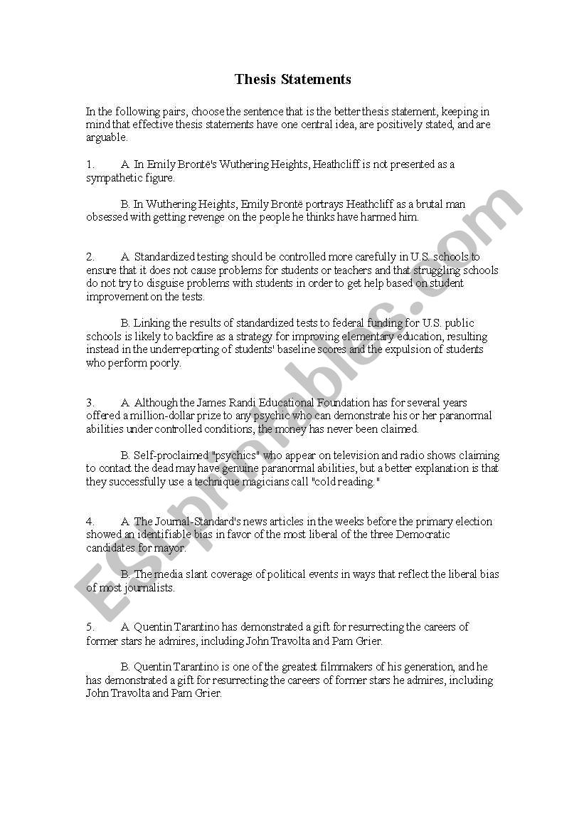 Identifying Correct Thesis Statements - ESL worksheet by SashaMSU Inside Identifying Thesis Statement Worksheet