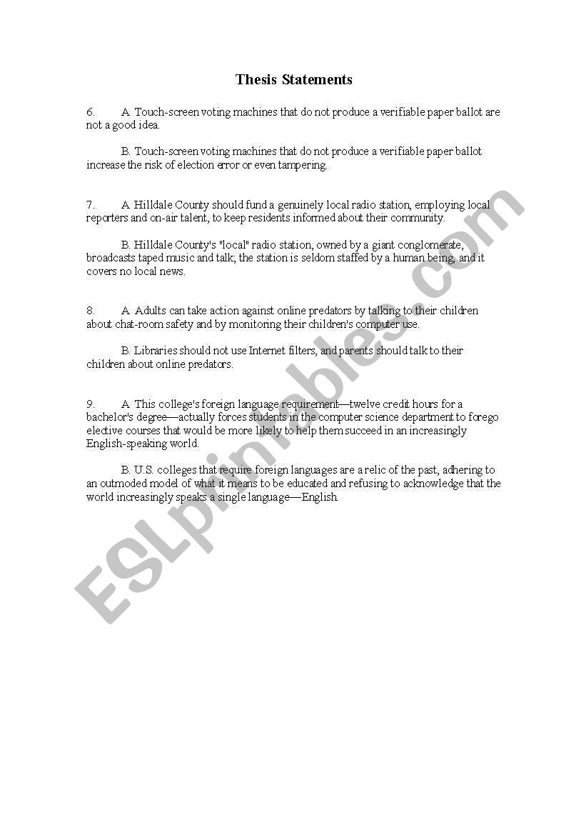 Identifying Correct Thesis Statements - ESL worksheet by SashaMSU In Identifying Thesis Statement Worksheet