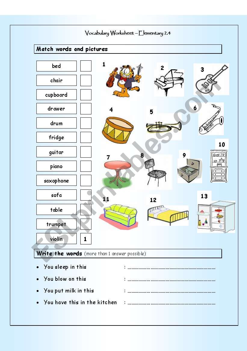 Vocabulary Matching Worksheet - Elementary 2.4 - Musical Instruments & House words