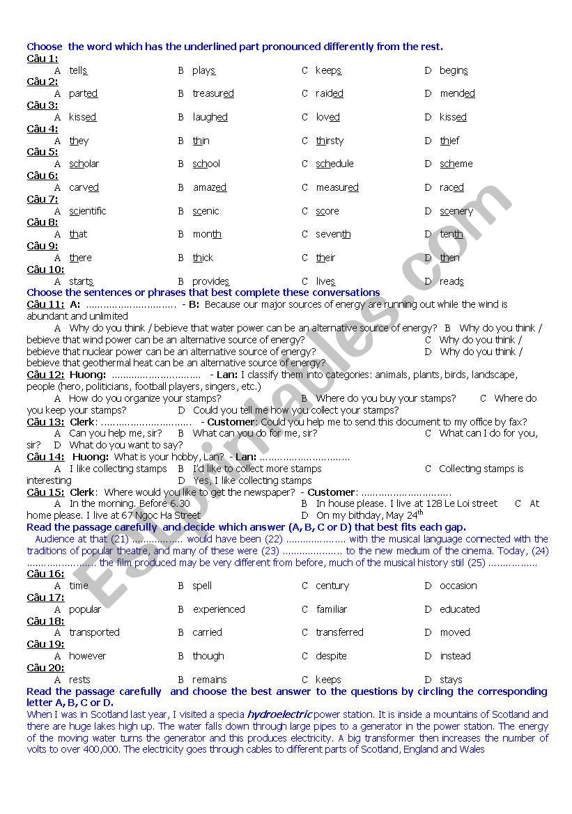 Revision / Test worksheet