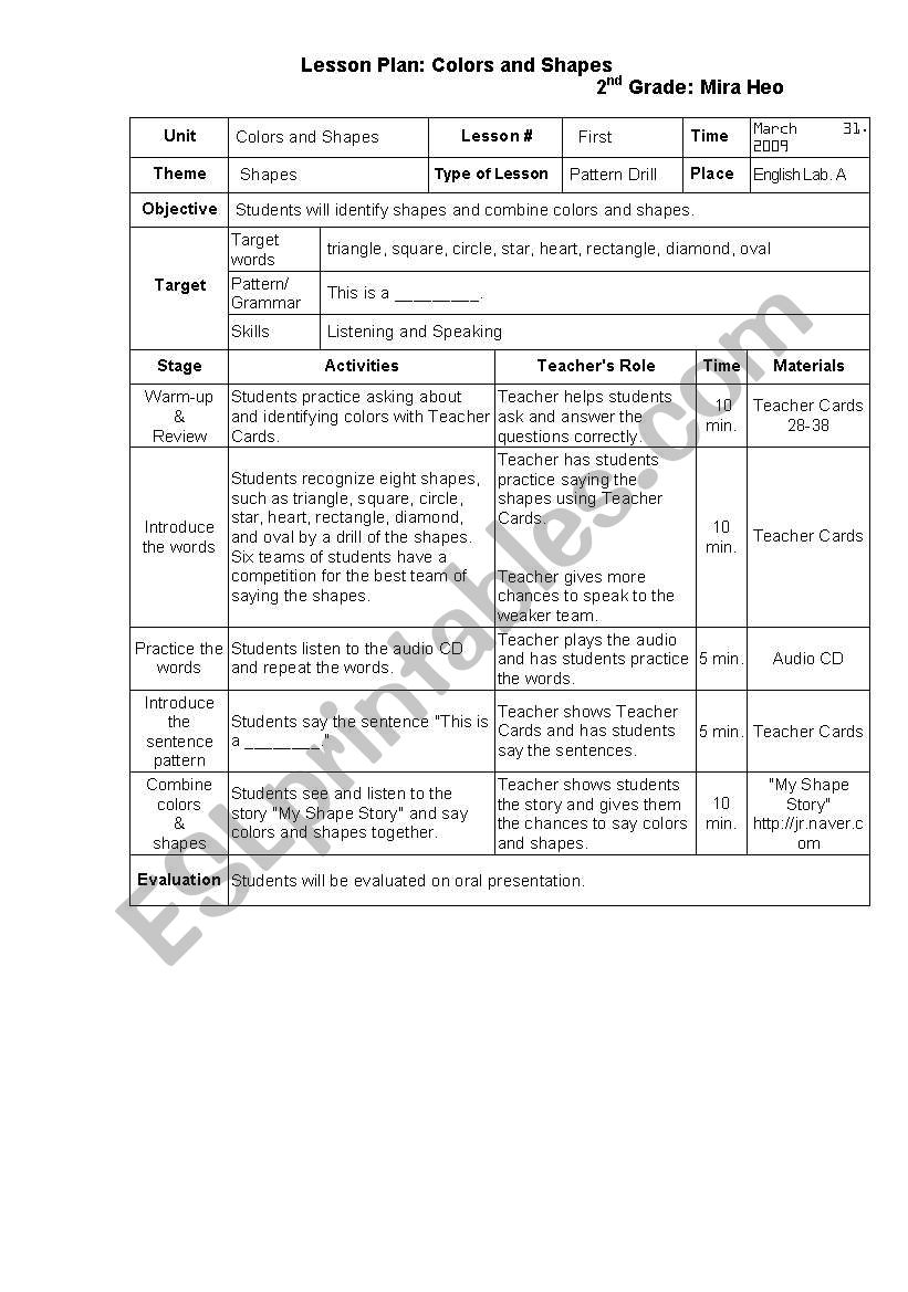 Colors and Shapes worksheet