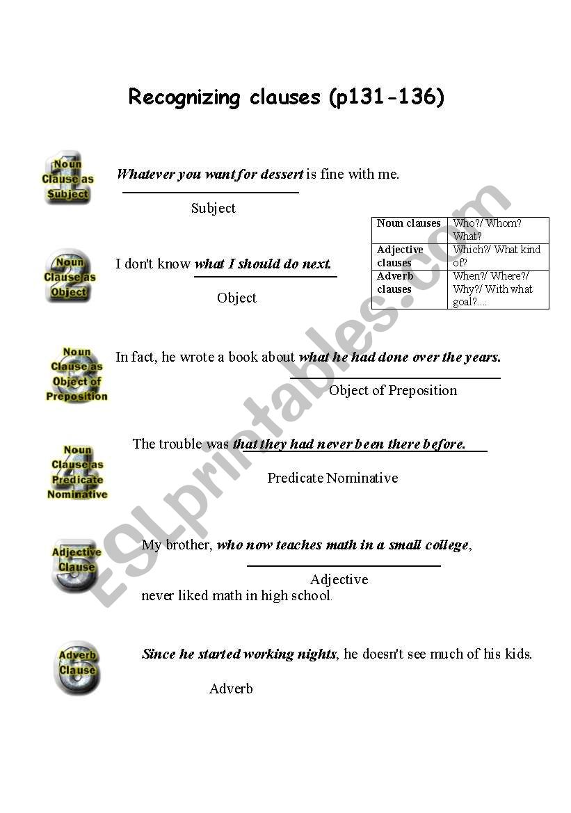 Clauses worksheet