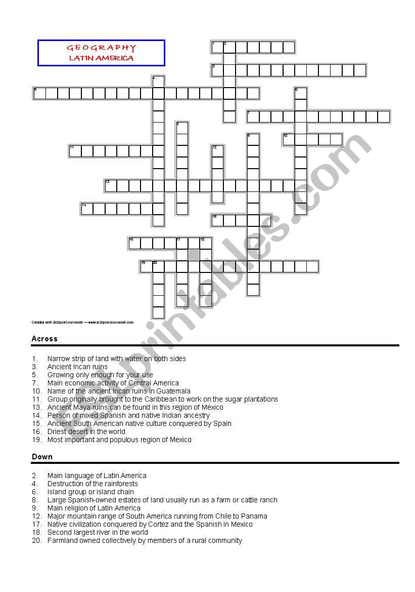 Latin America Crossword worksheet