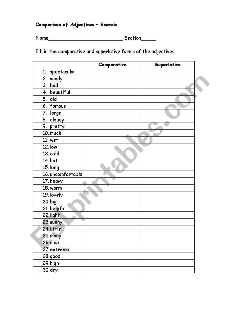 Comparison of Adjectives worksheet