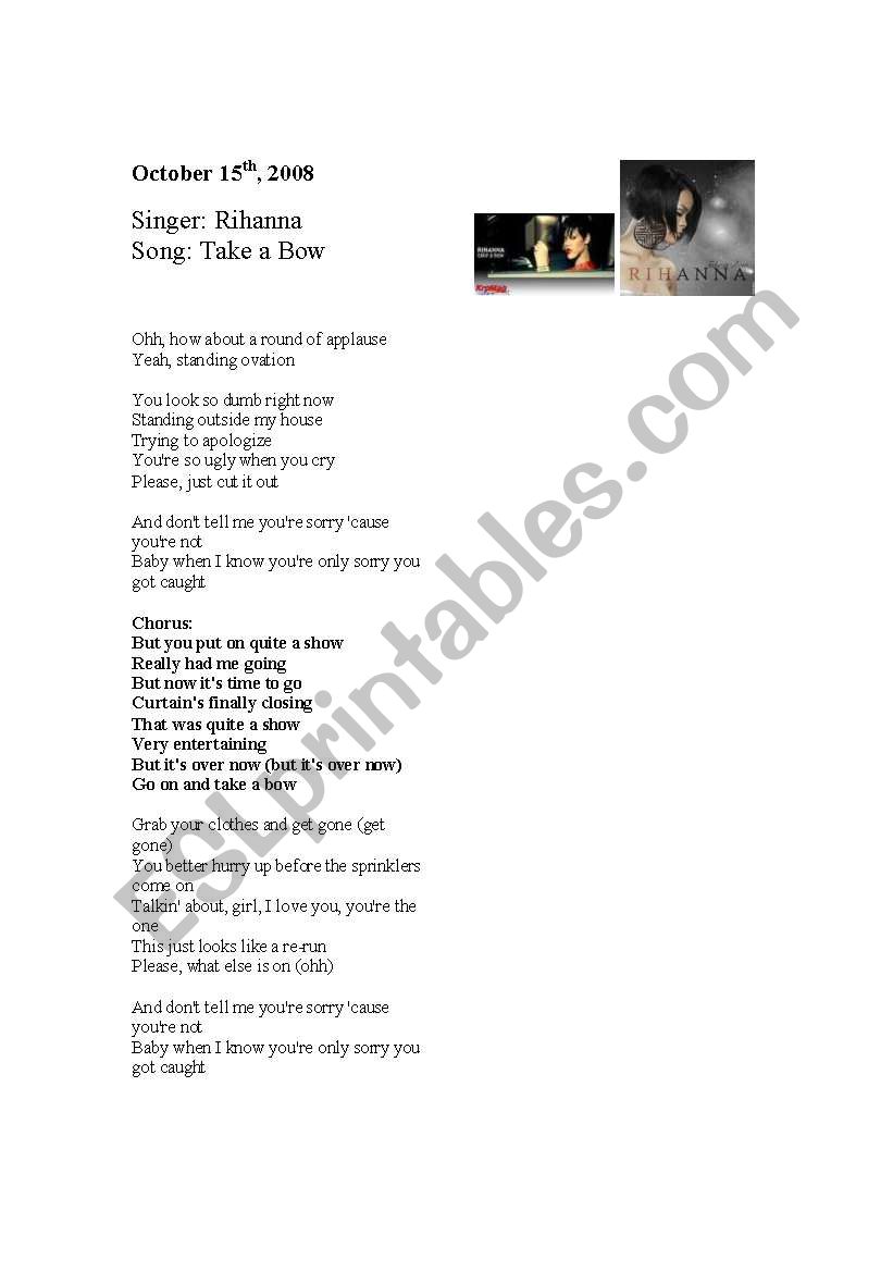 rihanna - take a bow worksheet