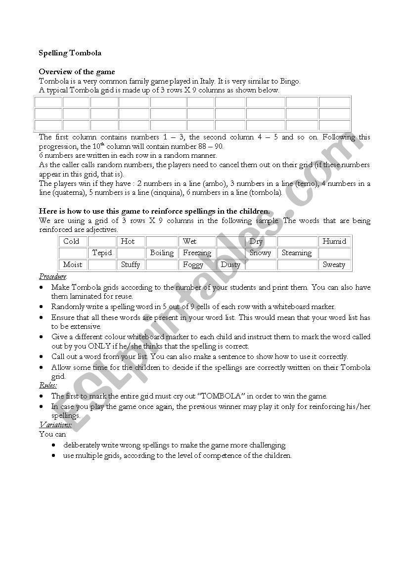 Spelling Tombola worksheet