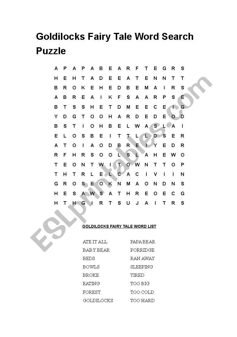 Goldilocks wordsearch worksheet