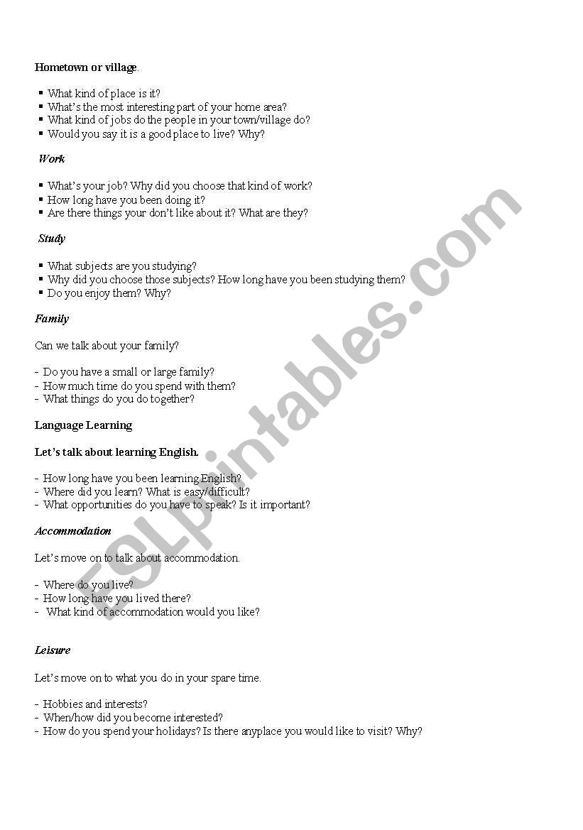 Questions for Ielts speaking. part 1