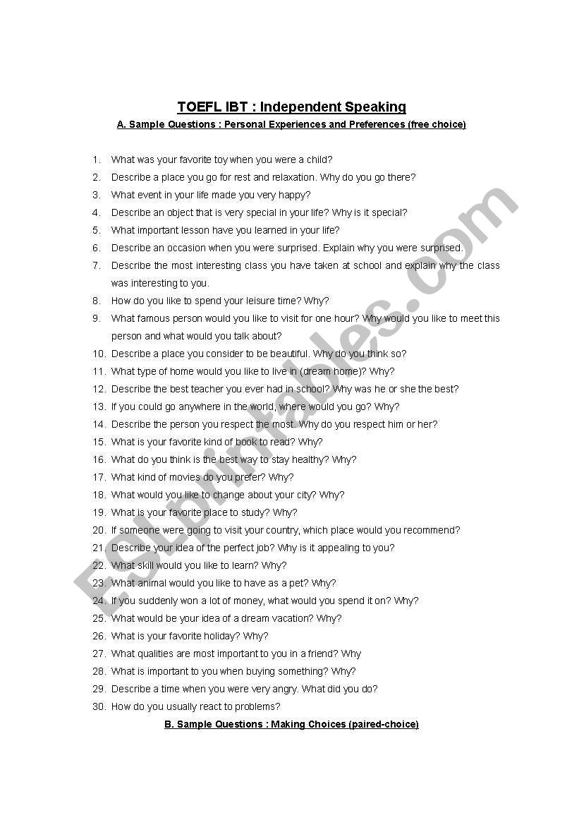 60 Sample Ibt Toefl Speaking Questions Esl Worksheet By Haggs