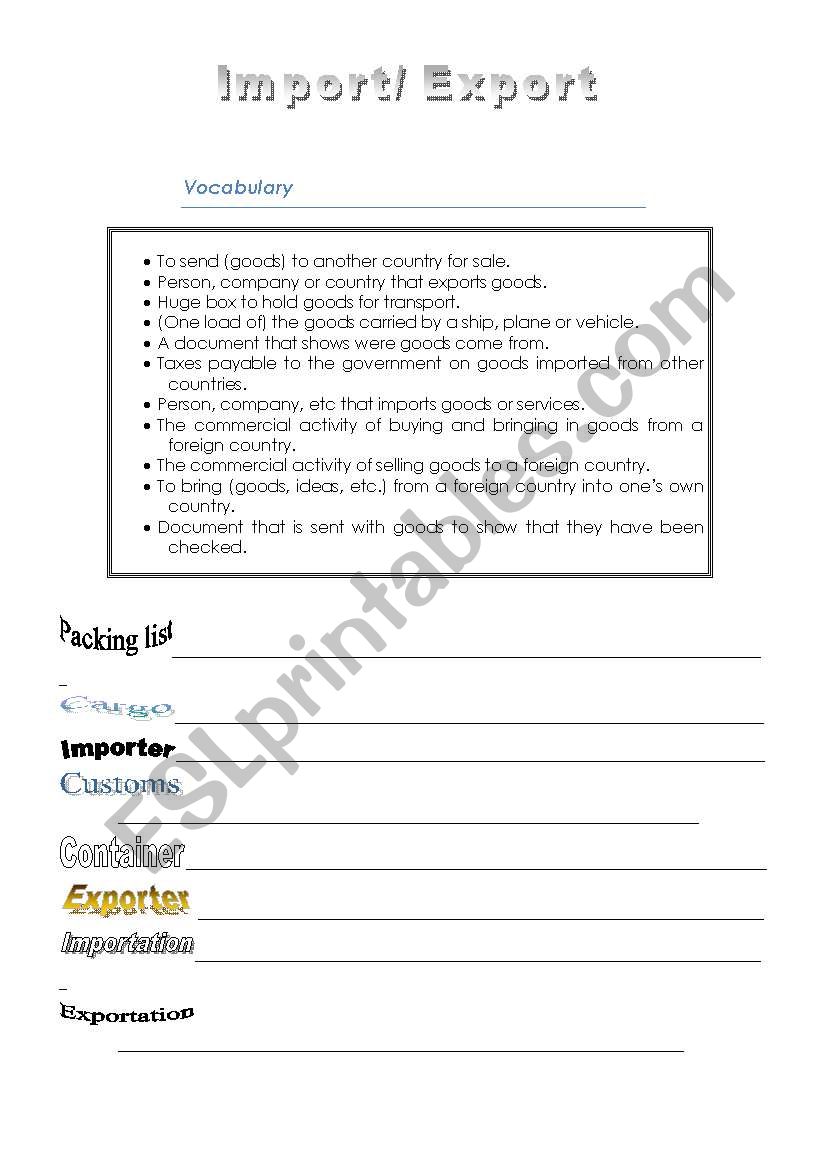 Importation and exportation worksheet