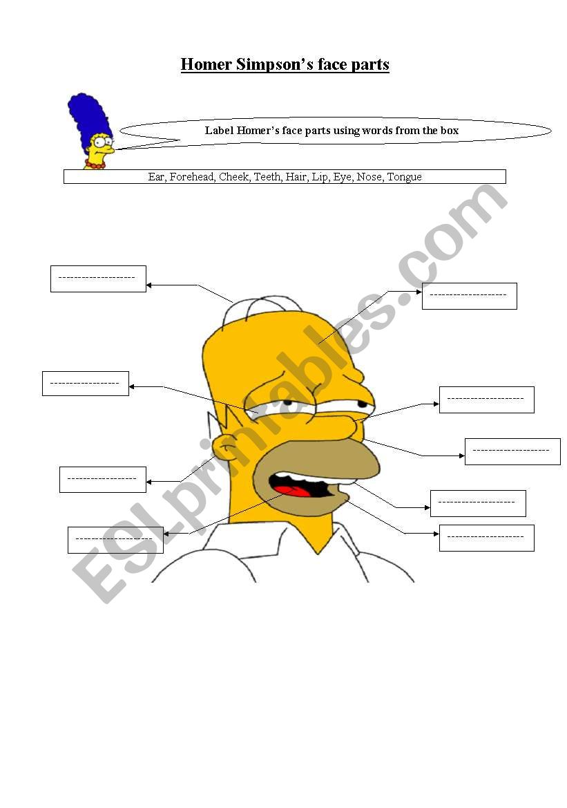 Homer Simpson face parts worksheet