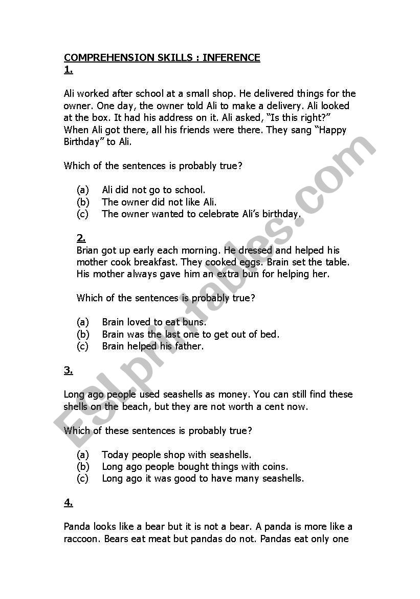 comprehension skills worksheet