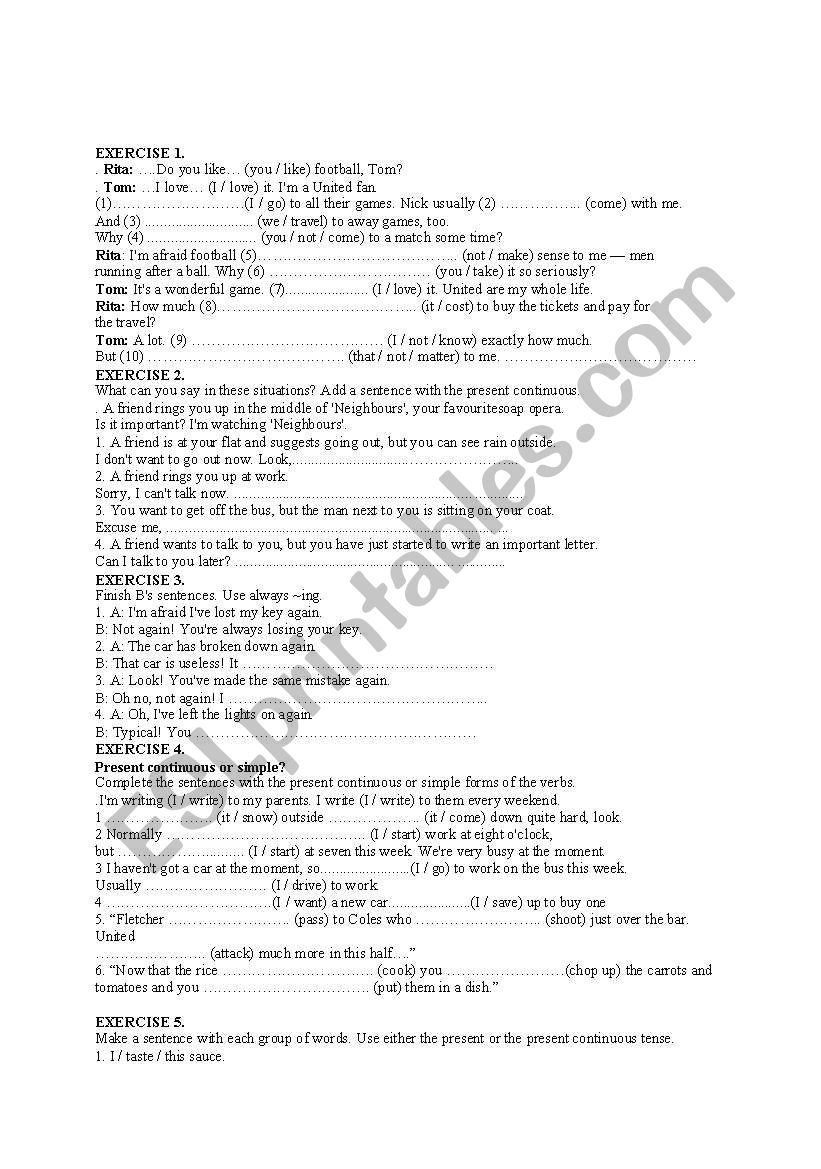 Present Continuous exercises worksheet