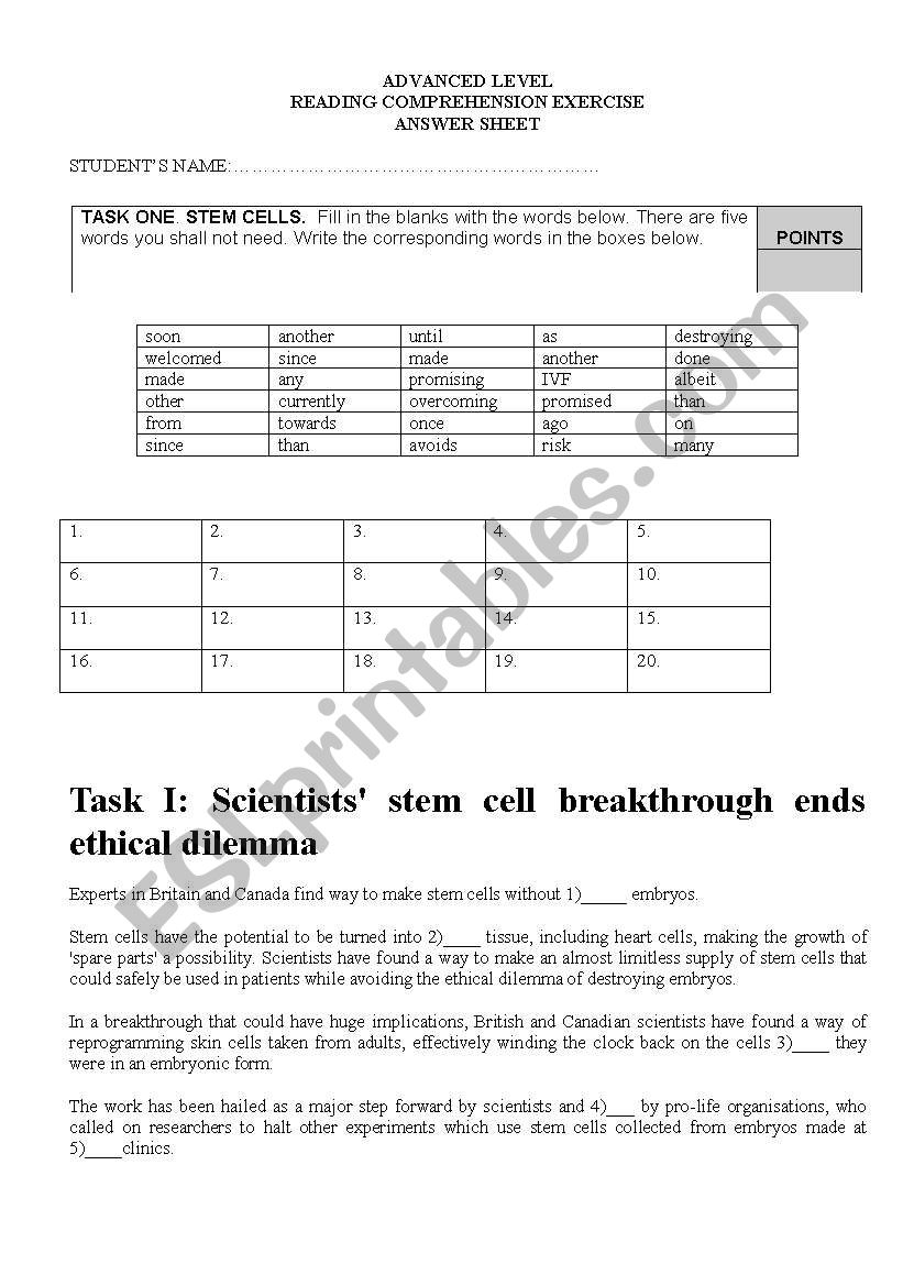 Reading. Stem Cells worksheet