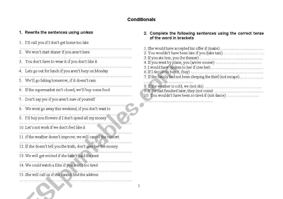 Conditionals Exercises worksheet