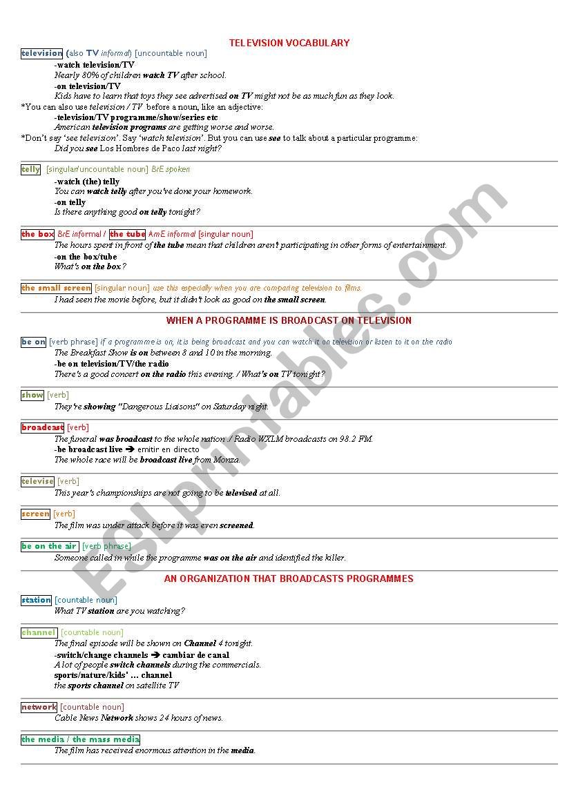 TELEVISION worksheet