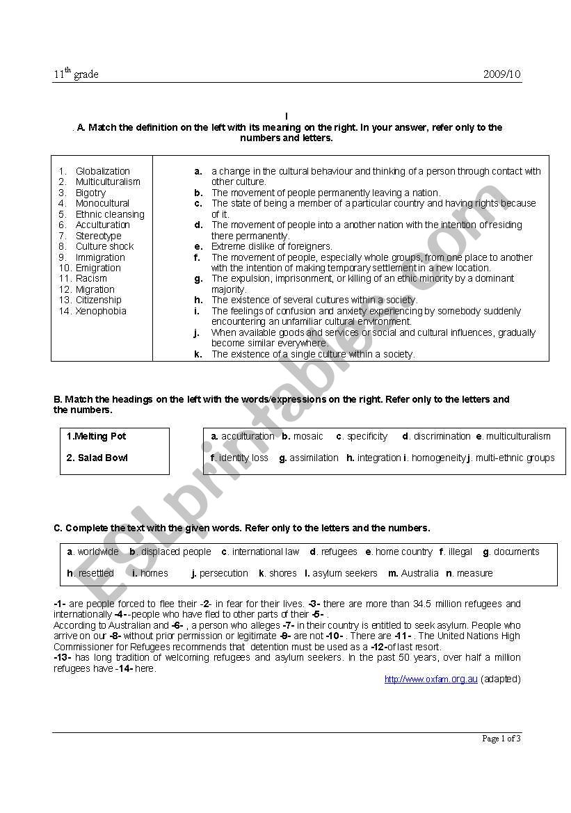 IMMIGRATION test/worksheet worksheet