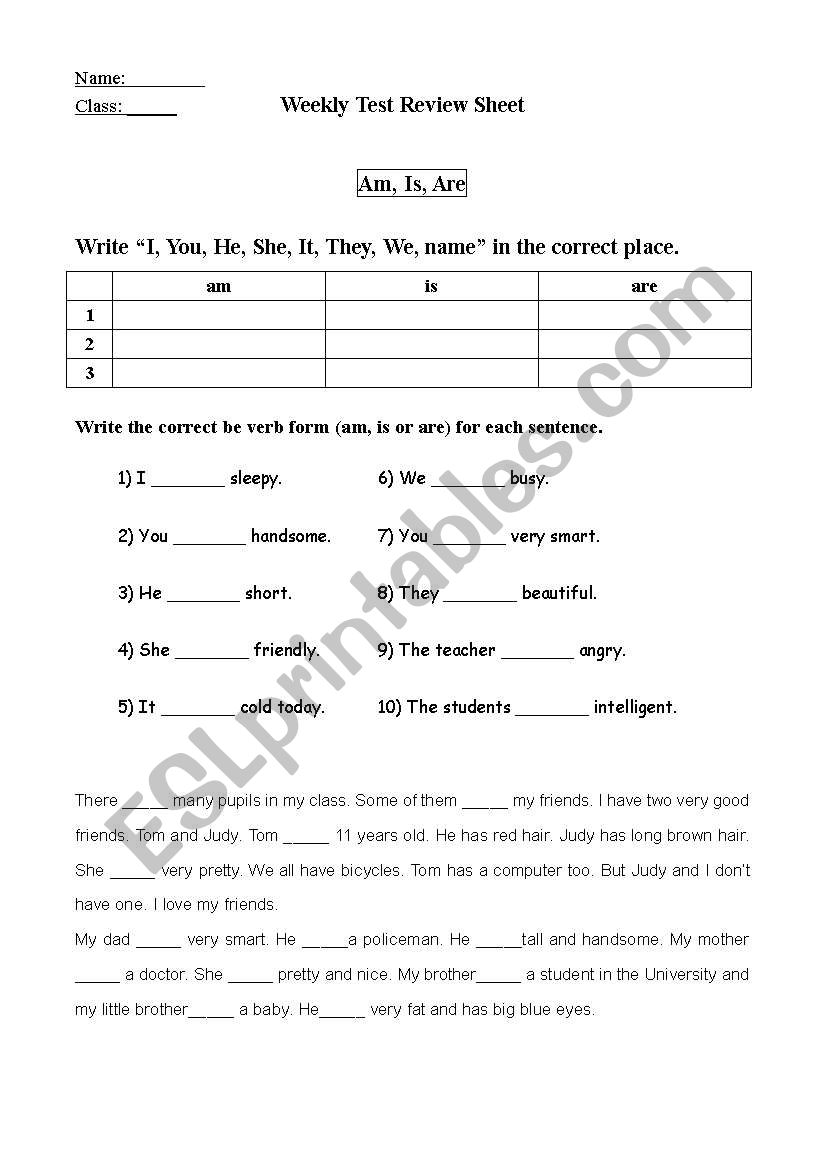 am/ is/ are practice worksheet