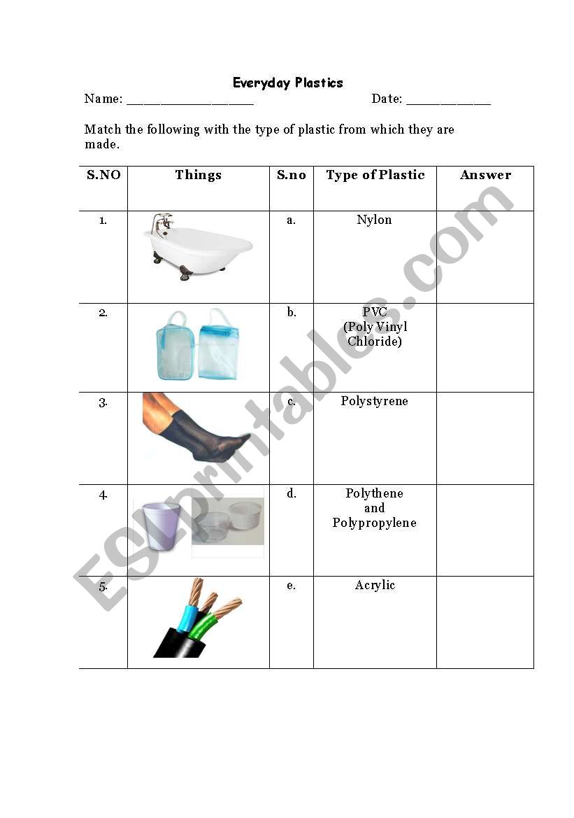 Everyday Plastics worksheet