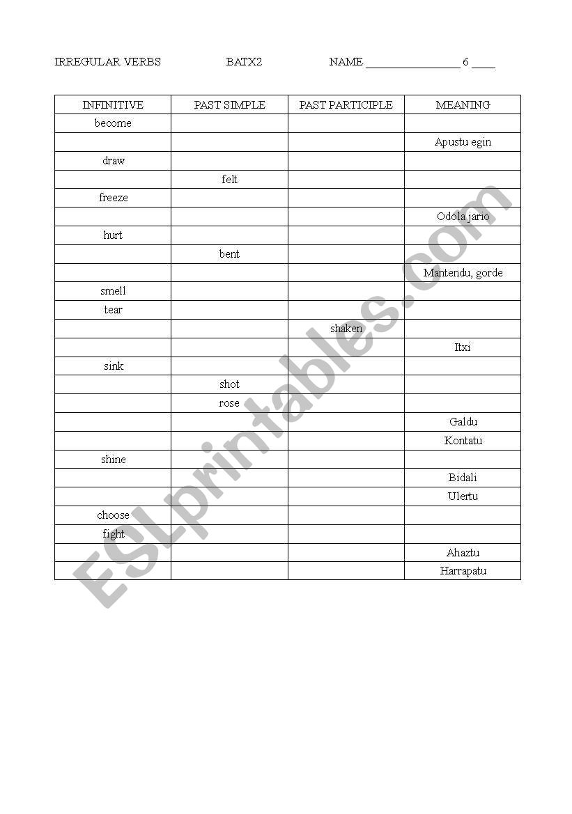 irregular verbs basque worksheet