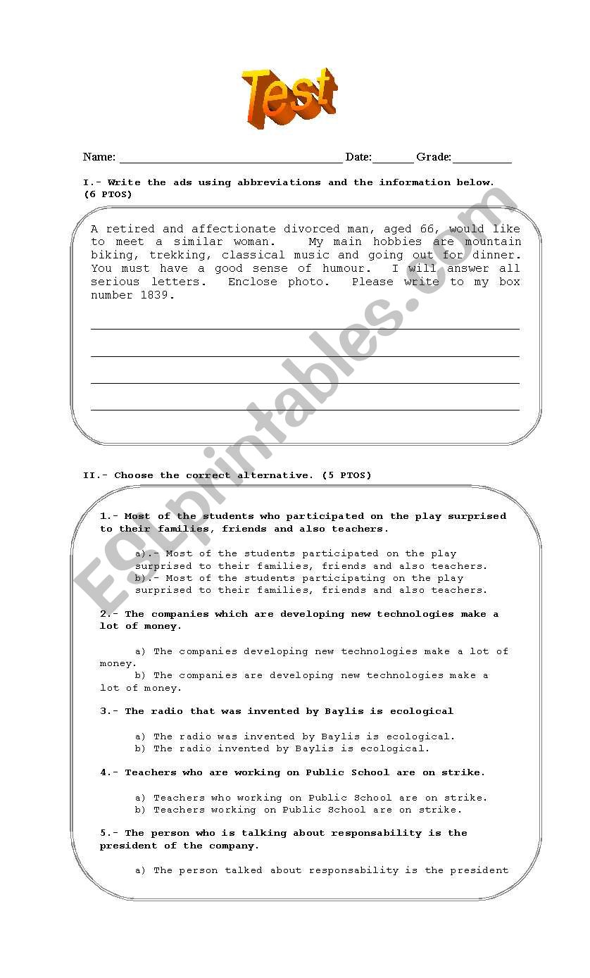 clauses test worksheet