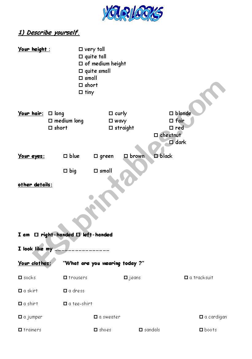 Describing oneself worksheet