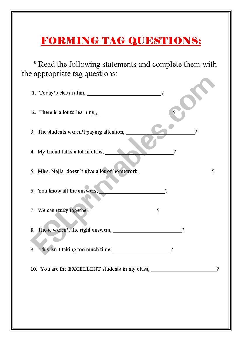 tag questions worksheet