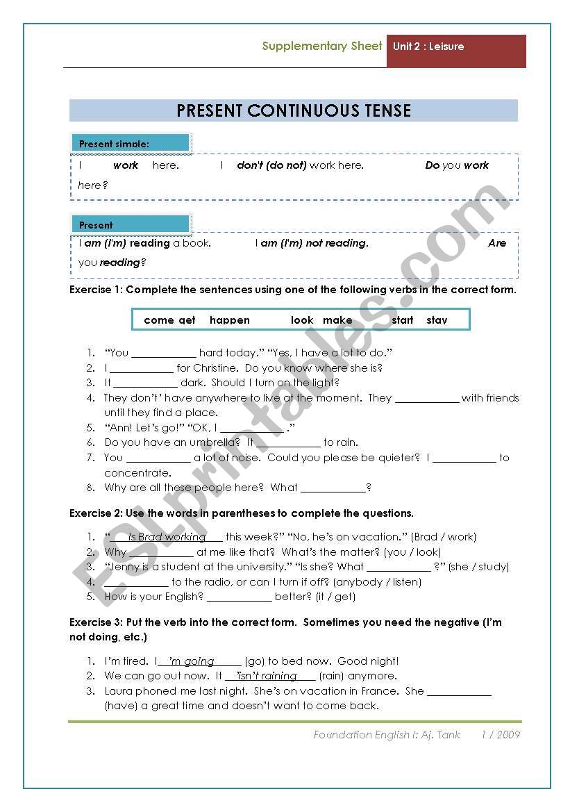 Present continuous worksheet