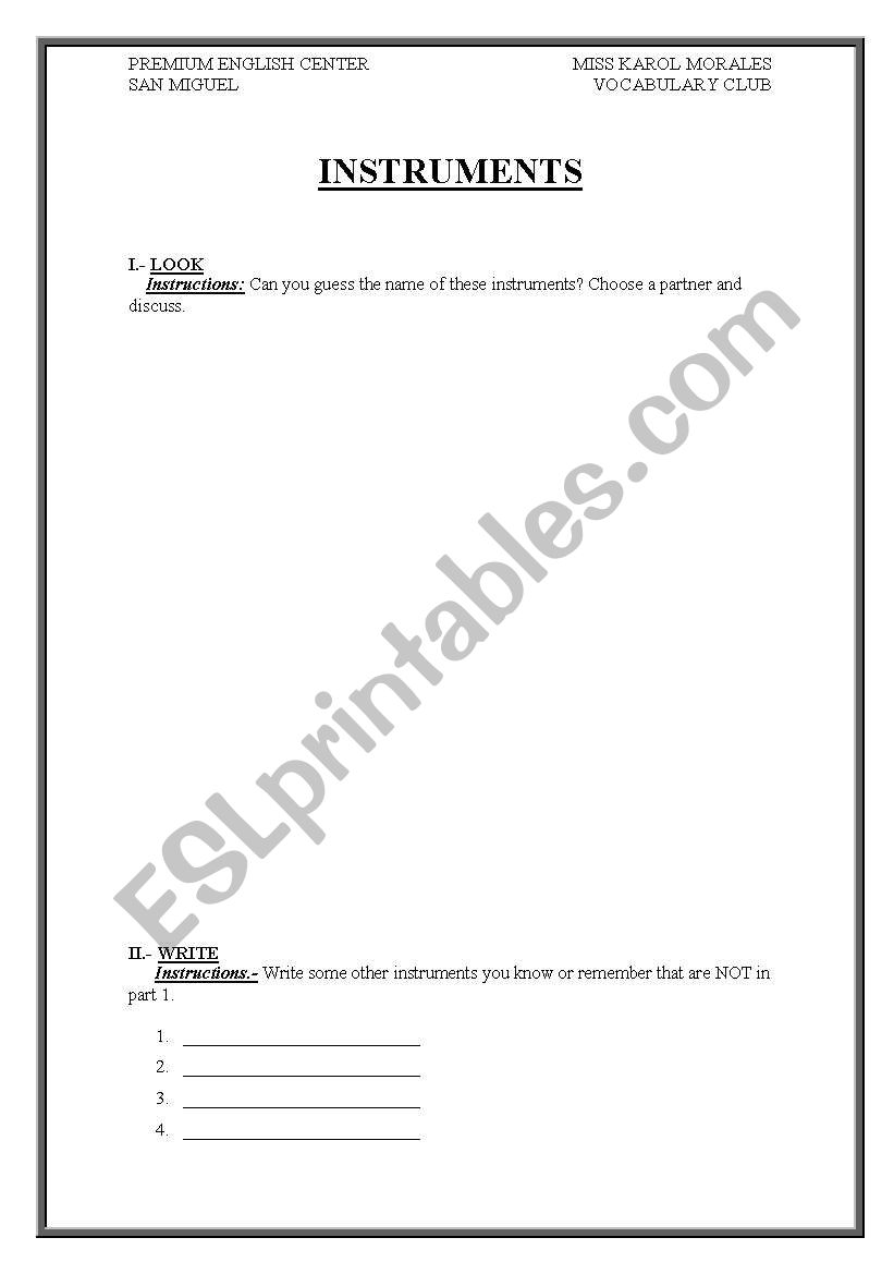 instruments worksheet