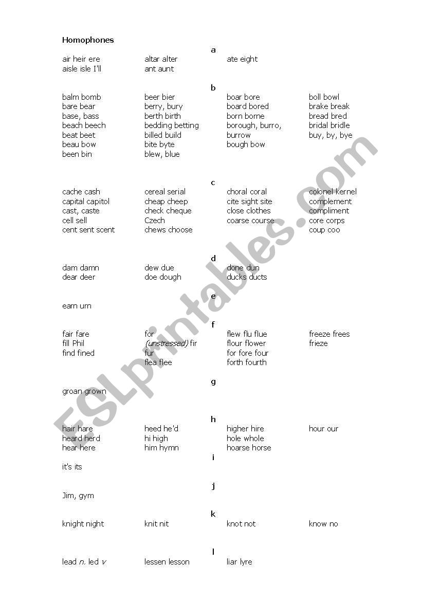 Homophones from A to Z worksheet